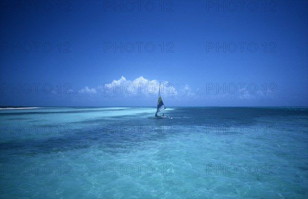 CUBA, Ciego de Avila, Cayo Guillermo, Small catamaran boat in shallow waters