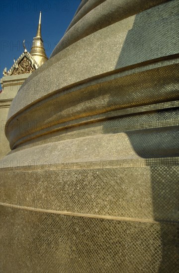 THAILAND, Bangkok, Wat Phra Kaew, Or Royal Palace. Close up detail of rounded golden building