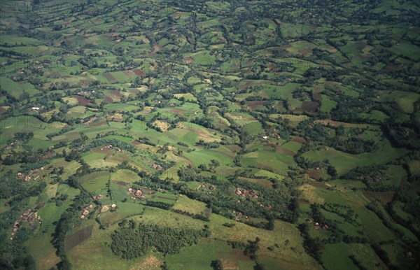 ETHIOPIA, South West, Agriculture, Aerial landscape over fields of crops and lush vegetation.