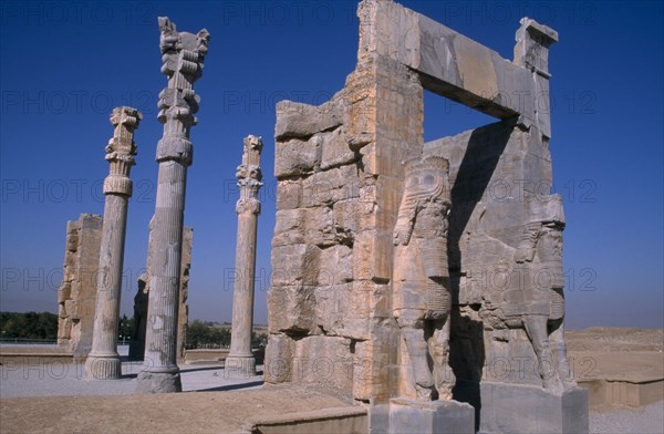 IRAN, South, Persepolis, Fifth century BC Archaemenid palace complex.  Gate of all Nations.  The name Persepolis is Greek meaning City of the Persians.
