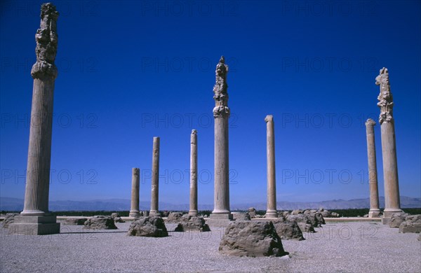 IRAN, South, Persepolis, Fifth century BC Archaemenid palace complex.  Stone columns originally supporting the Central Hall of Apadana Palace.