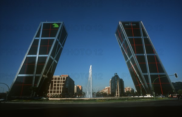 SPAIN, Madrid, Paseo de La Castellana. Puerta de Europa office complex at entrance to business district.