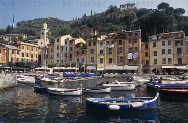 ITALY, Liguria, Portofino, "Harbour with moored boats and pastel coloured waterside houses, tree covered hillside behind."