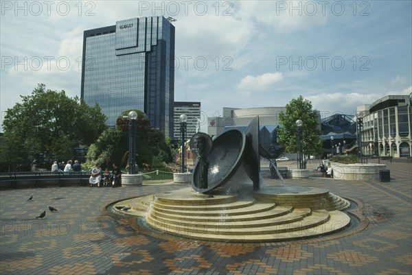 ENGLAND, West Midlands, Birmingham, Broad Street.  Large paved square with fountain and civic buildings.