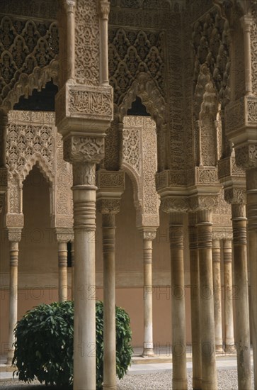 SPAIN, Andalucia, Granada, Alhambra Palace.  Detail of arches lining the Patio de los Leones.  Carved stucco dating from the Moorish Nasrid 13th century period.
