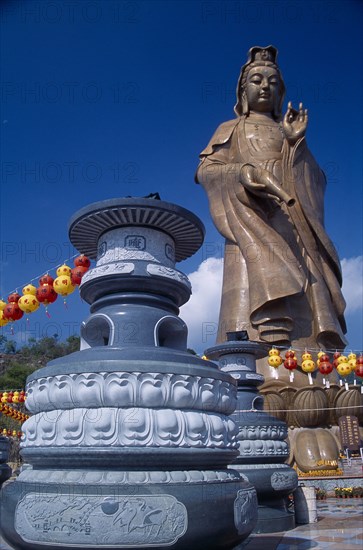 MALAYSIA, Penang, Kek Lok Si Temple, "Bronze statue of Kuan Yin or Avalokiteshvara, the male Bodhisattva, a future Buddha representing the force of creation and portrayed holding a water flask."
