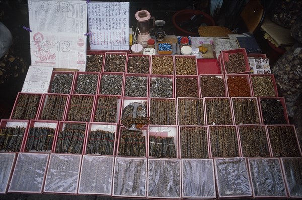 KOREA, South, Chejudo Island, "Dried centipedes, reptiles and other insects on sale in a street market"