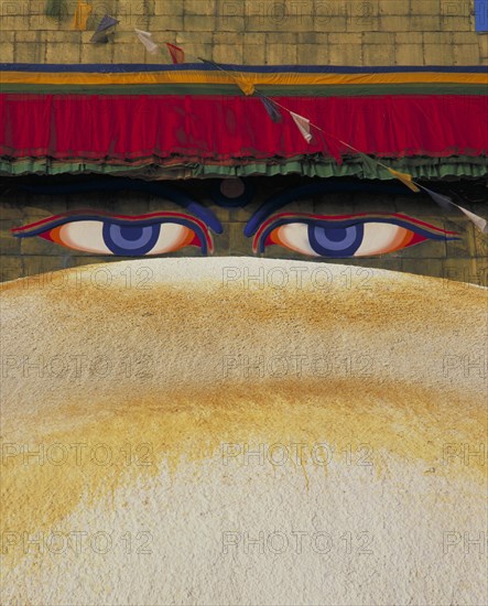 NEPAL, Kathmandu, Bodnath Temple detail of roof and eyes