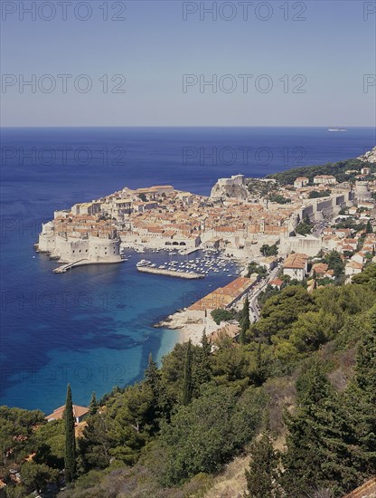 CROATIA, Dubrovnik, View over city and its surrounding coastline