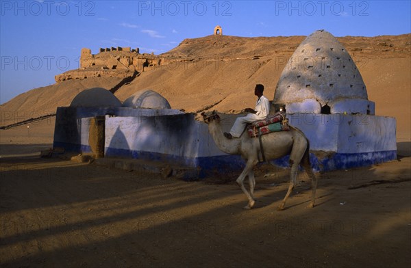 EGYPT, Upper Egypt, Aswan, Man on camel rides past Beehive Mausoleum with Tomb of the Nobles on hilltop behind