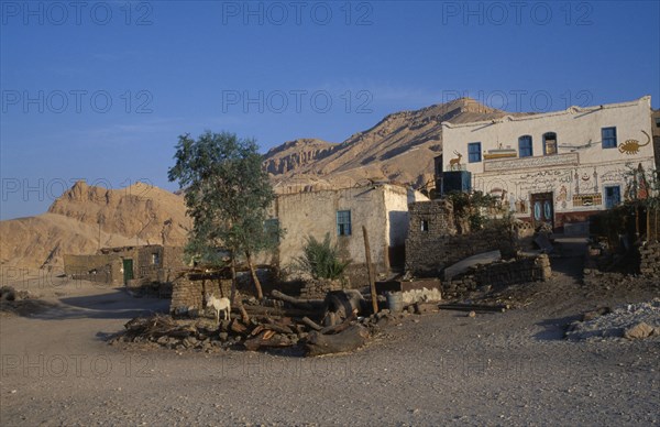 EGYPT, Upper Egypt, Old Qurna, View of traditional housing with a facade mural and donkey tethered to tree in foreground with hills behind