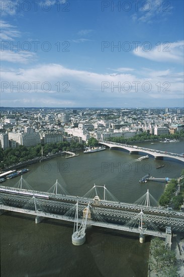 ENGLAND, London, View over the skyline and river Thames from the London Eye.
