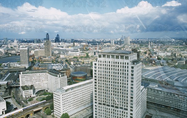 ENGLAND, London, View over the skyline toward Canary Wharf from the London Eye.