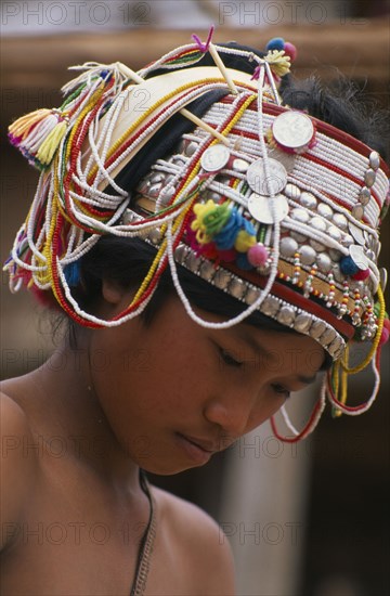 LAOS, Tribal People, Akha hiltribe detail of decorated headdress