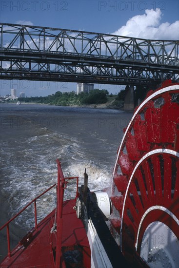 USA, Tennessee, Memphis, Bridge over the Mississippi River viewed from paddle steamer the Delta Queen