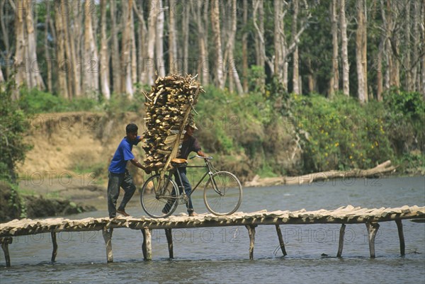 INDONESIA, Java, Two young men crossing river bridge with bicycle loaded with wood