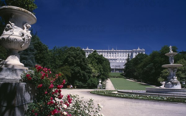 SPAIN, Madrid State, Madrid, Palacio Real or Royal Palace. Campo del Moro or Moors Field with the palace in the distance