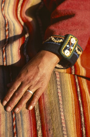 PERU, Clothing, Detail of Andean Indian textiles for sale at Chinchero market near Cuzco.