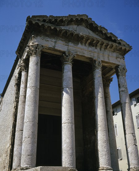 CROATIA, Istria, Pula, Columned facade of the Temple of Romae and Augustus which stands on the site of the former Roman Forum