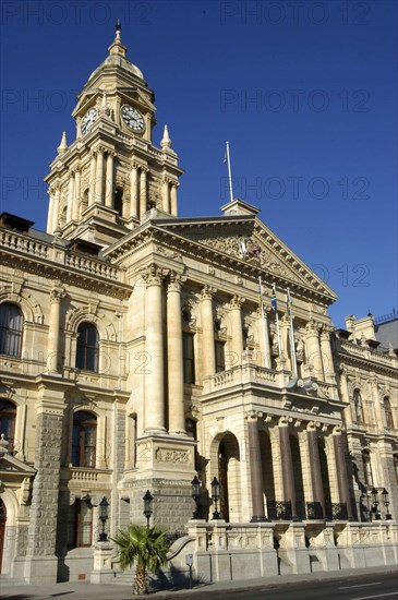 SOUTH AFRICA, Western Cape, Cape Town, City Hall neo classical facade and clock tower which is a half size replica of Big Ben in London