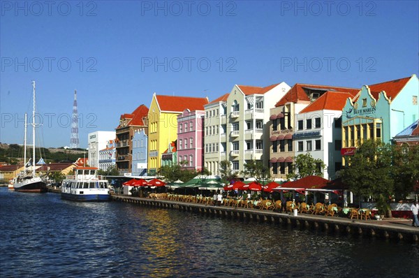 WEST INDIES, Dutch Antilles, Curacao, Old Willemstad. View along brightly painted waterfront architecture