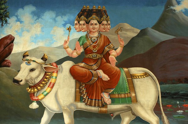 SINGAPORE, Central, Chinatown, Sri Mariamman Temple. Detail of brightly coloured Hindu painting dating from 1862