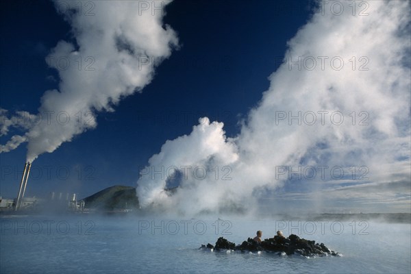 ICELAND, Gullbringu, Reykjanes Peninsula, The Blue Lagoon beside the Svartsengi geothermal power plant whose waters are therapeutic to skin disorders