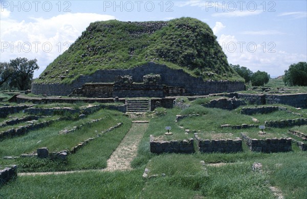 PAKISTAN, Punjab, Taxila, Sirkap shrine of two headed eagle ruined remains.