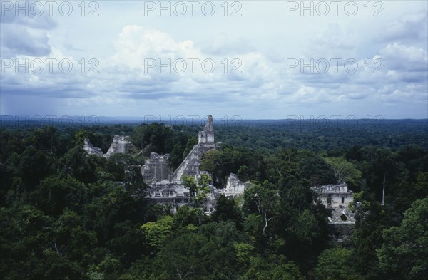 GUATEMALA, Tikal, Aerial view over the ruins and surrounding tree tops