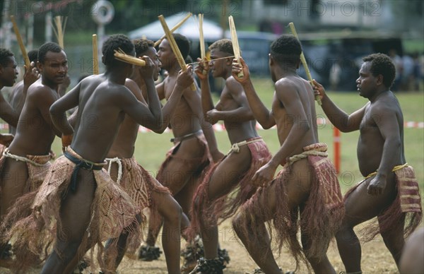 PACIFIC ISLANDS, Melanesia, Vanuatu Islands, Efate Island. Port Vila. Men from Pentecost Island performing traditional dance at cultural festival.