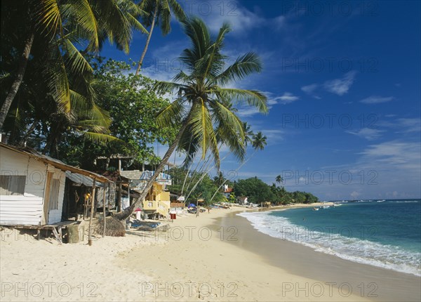 SRI LANKA, Unawatuna, Narrow sandy beach lined with vegetation and overhanging palm trees with restaurants internet cafe and other buildings.