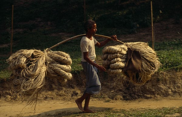 BANGLADESH, Chittagong, Sylhet, Man carrying bundles of jute fibre attached to each end of a pole held over his shoulder.