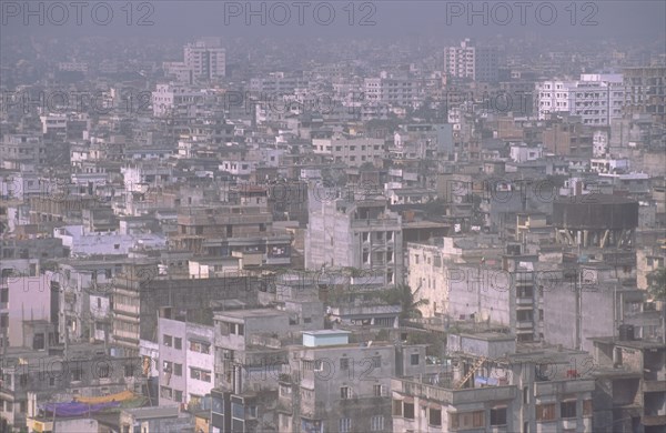BANGLADESH, Dhaka, Elevated view over city architecture with high rise buildings in a densely populated area of Dhaka city.