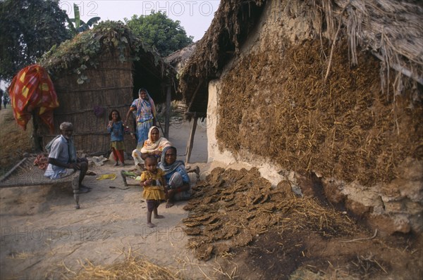 NEPAL, Lumbini, Gounawa, Hindu family by drying cow dung to be used as cooking fuel
