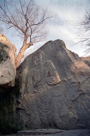 SOUTH KOREA, Songnisan National Park, Popchusa, Angled view of seated Buddha rock carving in cliff face