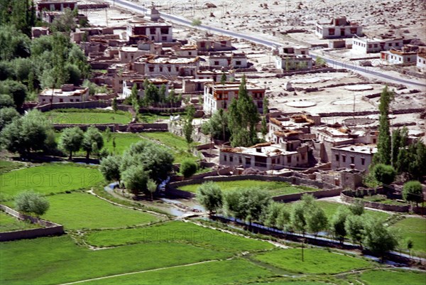 INDIA, Ladakh, View over village houses with water run along the edge of cultivated fields providing the lifeblood for the valley