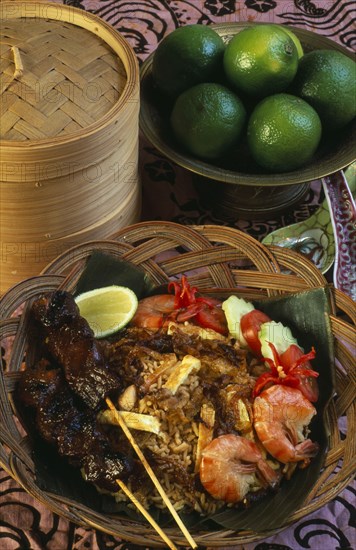 INDONESIA, Food, Nasi Goreng. Traditional fried rice dish containing vegetables and meat or fish.