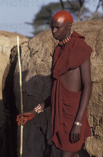 KENYA, Kajiado, Portrait of a Maasai moran with recently shaved heads covered with ochre which signifies their coming into manhood during an initiation ceremony of their age sets