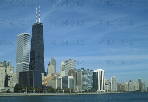 USA, Illinois, Chicago, View west from Olive Park towards downtown skyline.