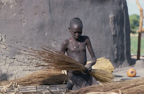 SUDAN, Tribal People, Dinka girl tying bundles of wood saplings for thatching hut in cattle camp.