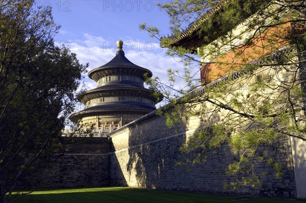 CHINA, Beijing, Tiantan aka Temple of Heaven. View through buildings toward the Hall of Prayer for Good Harvests