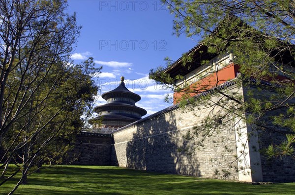 CHINA, Beijing, Tiantan Park, aka The Temple of Heaven. View of the Hall of Prayer for Good Harvests seen from outside the park walls