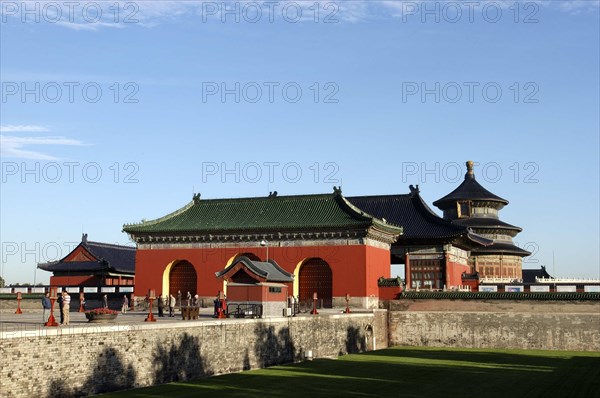 CHINA, Beijing, Tiantan Park, aka The Temple of Heaven. View of the Hall of Prayer for Good Harvests and the Gate of Prayer for Good Harvests