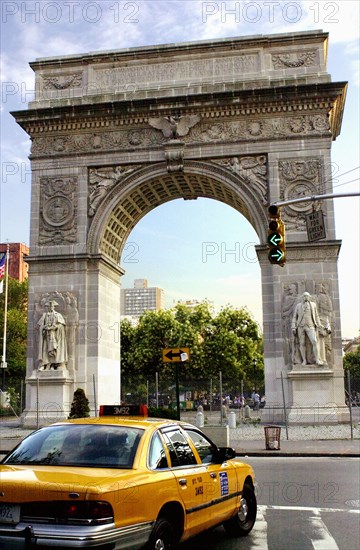 USA, New York State, New York City, Washington Square Park and taxi