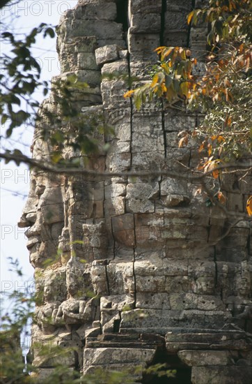 CAMBODIA, Siem Reap, Angkor, Ta Prohm monastic complex detail of the four faced west gate seen through trees