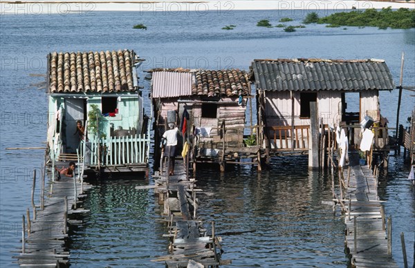 BRAZIL, Bahia, Salvador da Bahia, Slum dwellings raised above sewage polluted water with access by wooden bridge.