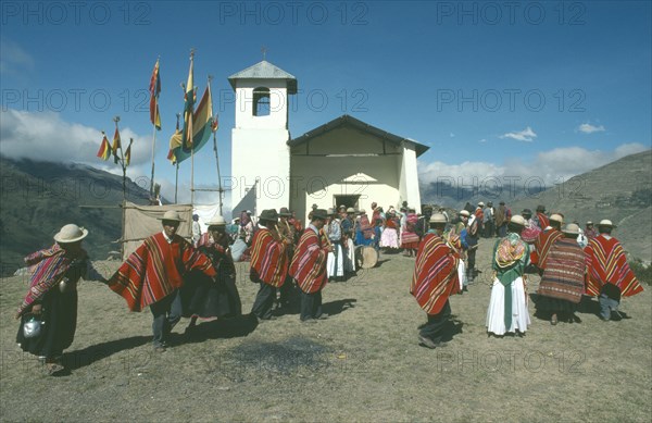 BOLIVIA, La Paz, Amarete, Nino Corrine.  Fiesta de la Cruz.  Countrywide festival held on May 3rd.  Musicians and dancers outside hilltop church.