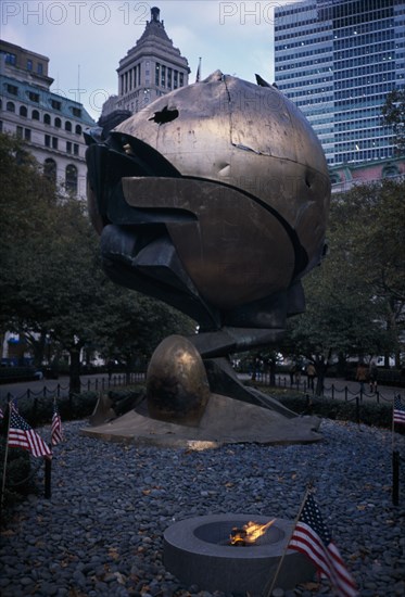 USA, New York, Manhattan, Fritz Koenig Sphere sculpture formerly sited at the World Trade Center now Ground Zero monument in Battery Park