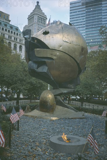 USA, New York, Manhattan, Fritz Koenig Sphere sculpture formerly sited at the World Trade Center now Ground Zero monument in Battery Park