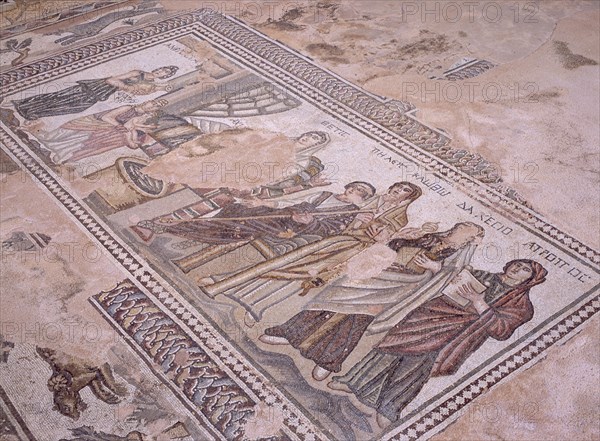 CYPRUS, Paphos, Villa of Theseus.  Detail of mosaic depicting group of people and child.